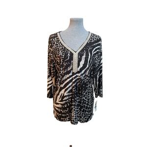 JM Collection PetiteXL Black White Animal Print Pearls Glam Whimsy Silky Top NWT